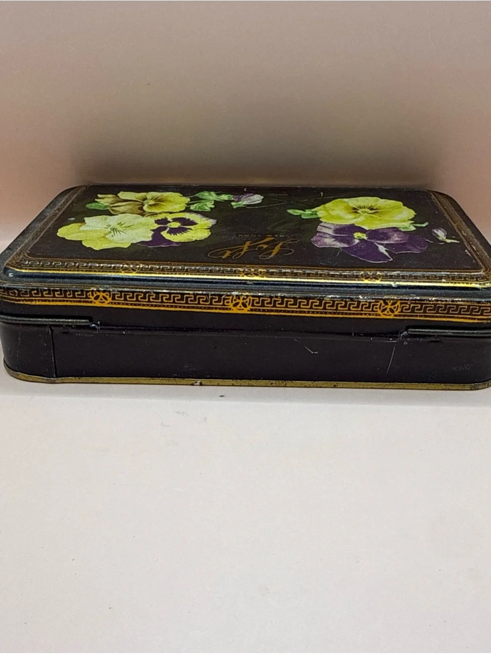 Antique Advertisement Tin Chocolate Candy Box Pansy Flowers LOFT NY Flip Top Lid